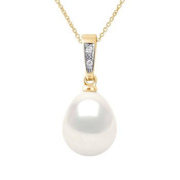 Pendentif Joaillerie Diamants 0,01 Cts - Véritable Perle de Culture d'Eau Douce Poire 9-10 mm - Blanc Naturel - Or Jaune