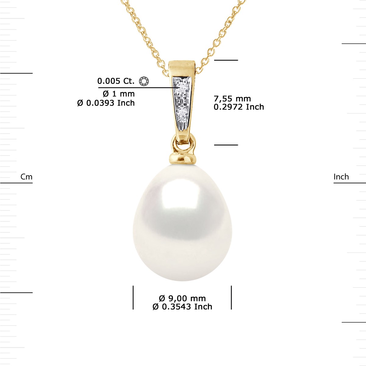 Pendentif Joaillerie Diamants 0,01 Cts - Véritable Perle de Culture d'Eau Douce Poire 9-10 mm - Blanc Naturel - Or Jaune - vue 3