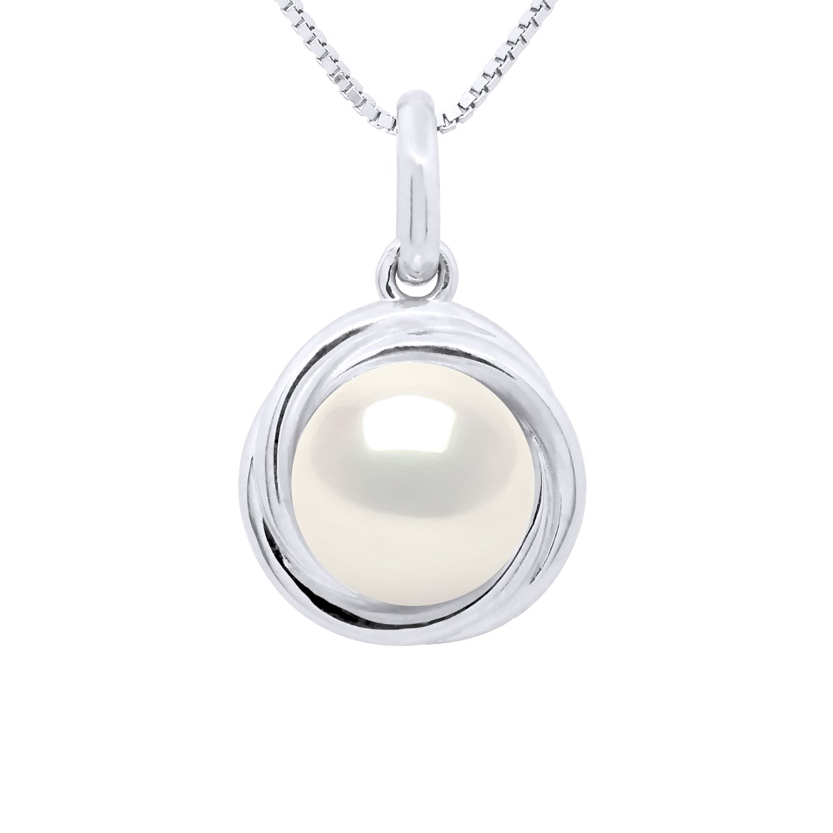 Pendentif Entourage Stylisé - Véritable Perle de Culture d'Eau Douce Ronde 10-11 mm - Blanc Naturel - Or Blanc