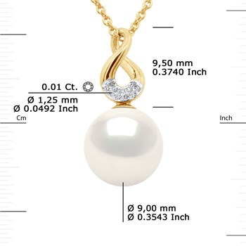 Pendentif HUIT - Diamants 0,11 Cts - Véritable Perle de Culture d'Eau Douce Ronde 9-10 mm - Or Jaune