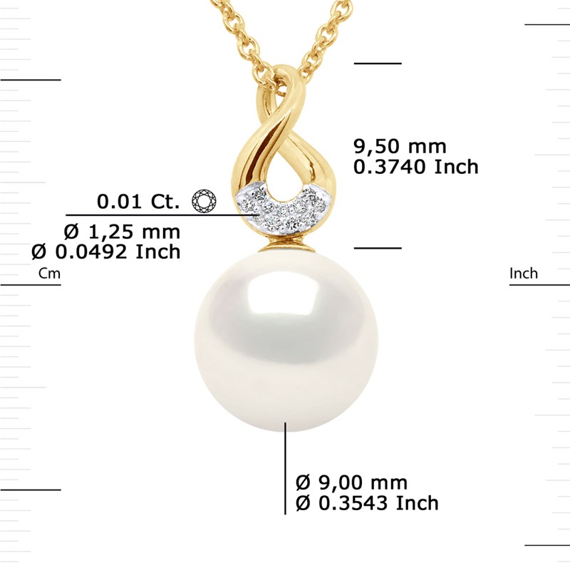 Pendentif HUIT - Diamants 0,11 Cts - Véritable Perle de Culture d'Eau Douce Ronde 9-10 mm - Or Jaune - vue 3