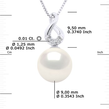 Pendentif HUIT - Diamants 0,11 Cts - Véritable Perle de Culture d'Eau Douce Ronde 9-10 mm - Or Blanc