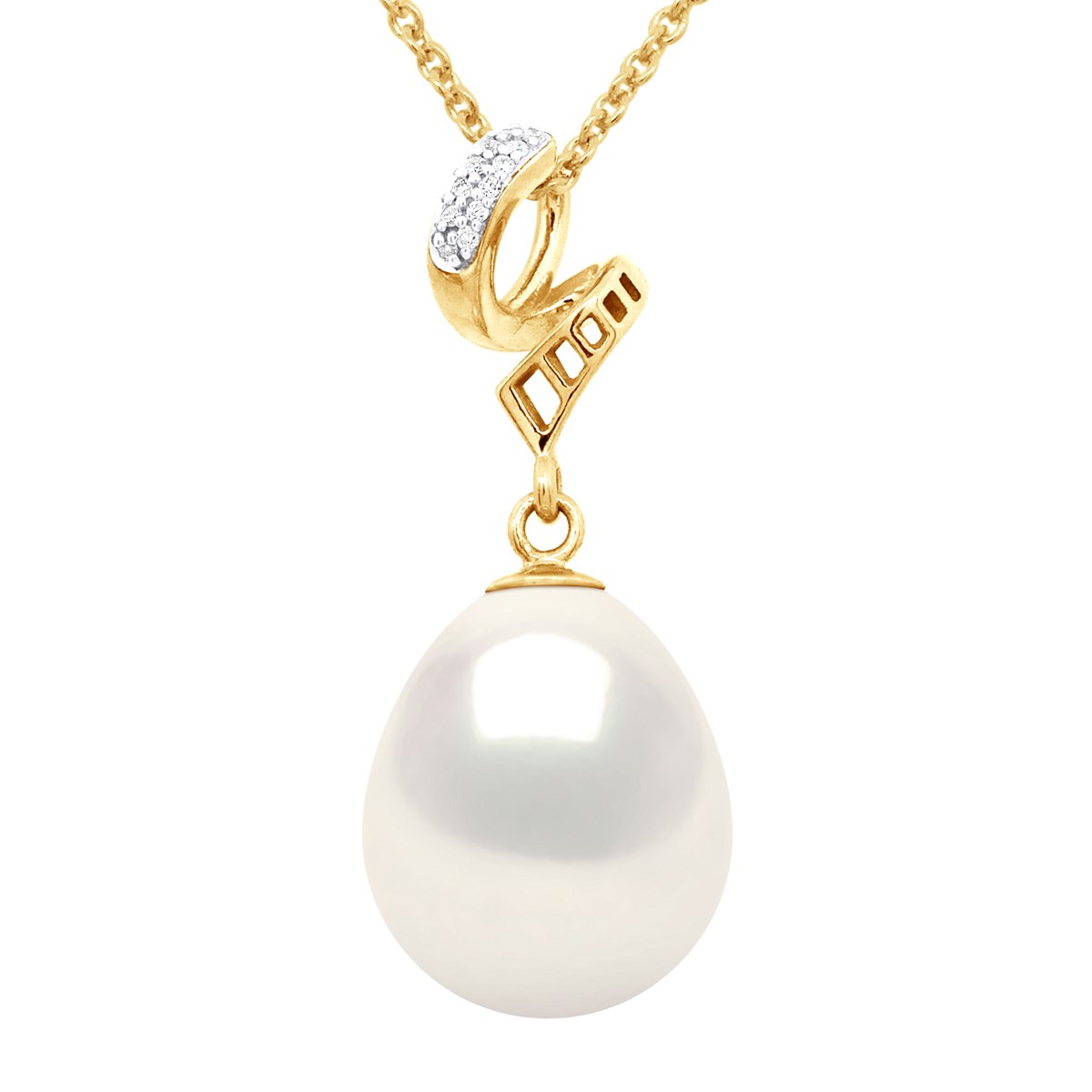 Pendentif VOLUTES - Diamants 0,12 Cts - Or Blanc - Véritable Perle de Culture d'Eau Douce Poire 11-12 mm - Or Jaune