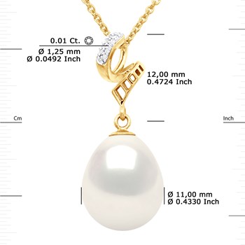 Pendentif VOLUTES - Diamants 0,12 Cts - Or Blanc - Véritable Perle de Culture d'Eau Douce Poire 11-12 mm - Or Jaune