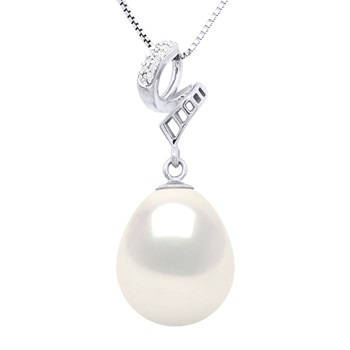 Pendentif VOLUTES - Diamants 0,12 Cts - Or Blanc - Véritable Perle de Culture d'Eau Douce Poire 11-12 mm - Or Blanc