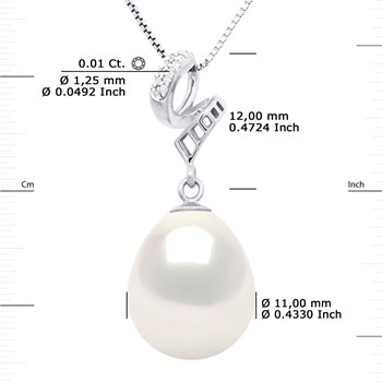 Pendentif VOLUTES - Diamants 0,12 Cts - Or Blanc - Véritable Perle de Culture d'Eau Douce Poire 11-12 mm - Or Blanc