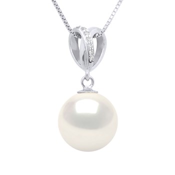 Pendentif DOUBLE NOEUD - Diamants 0,07 Cts - Véritable Perle de Culture d'Eau Douce Ronde 10-11 mm - Or Blanc