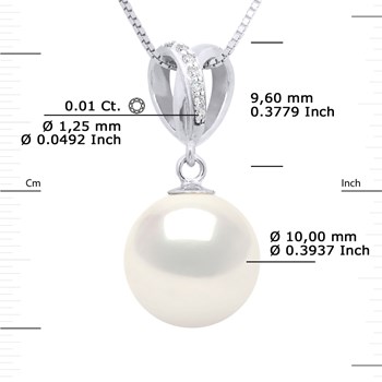 Pendentif DOUBLE NOEUD - Diamants 0,07 Cts - Véritable Perle de Culture d'Eau Douce Ronde 10-11 mm - Or Blanc