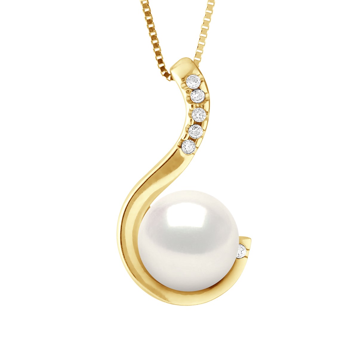 Pendentif Joaillerie 0,06 Cts - Véritable Perle de Culture d'Eau Douce - Blanc Naturel - Ronde 9-10 mm - Or Jaune