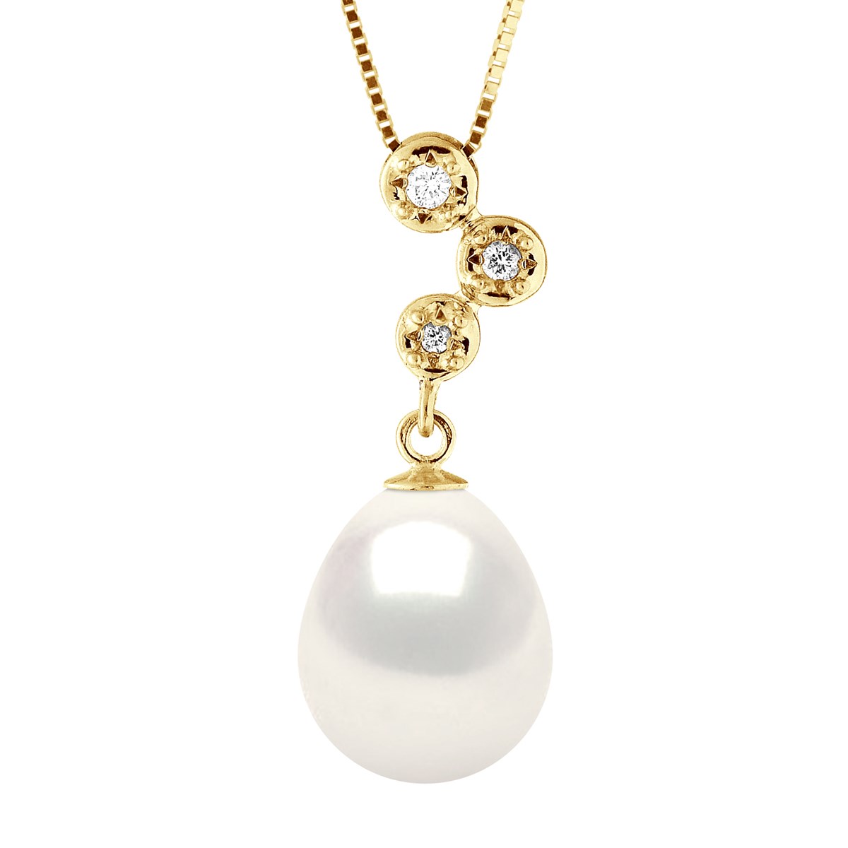 Pendentif Joaillerie Diamants 0,06 Cts - Véritable Perle de Culture d'Eau Douce - Blanc Naturel - Poire 10-11 mm - Or Jaune