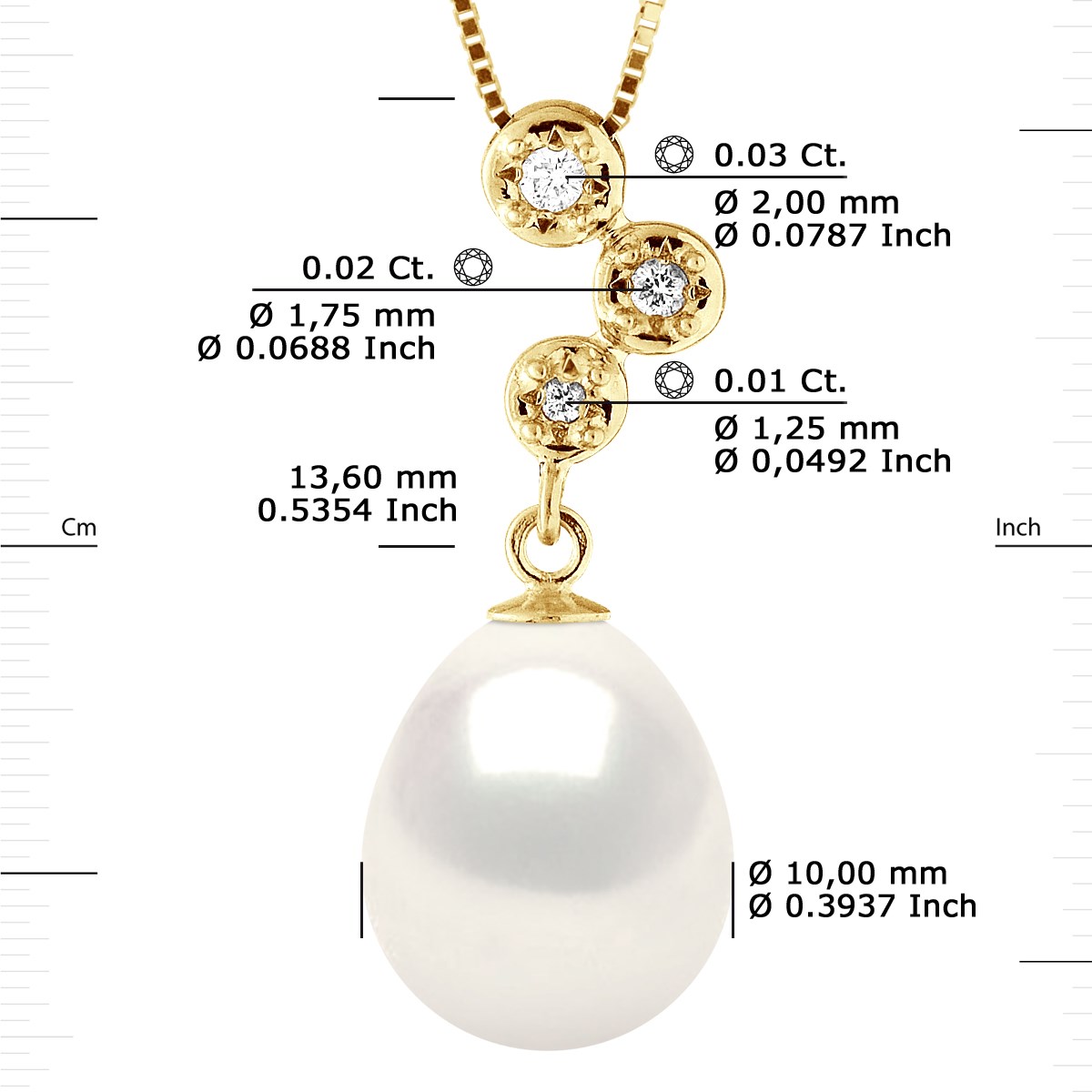 Pendentif Joaillerie Diamants 0,06 Cts - Véritable Perle de Culture d'Eau Douce - Blanc Naturel - Poire 10-11 mm - Or Jaune - vue 3