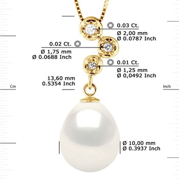 Pendentif Joaillerie Diamants 0,06 Cts - Véritable Perle de Culture d'Eau Douce - Blanc Naturel - Poire 10-11 mm - Or Jaune
