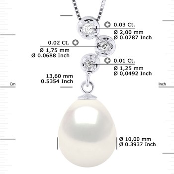 Pendentif Joaillerie Diamants 0,06 Cts - Véritable Perle de Culture d'Eau Douce - Blanc Naturel - Poire 10-11 mm - Or Blanc