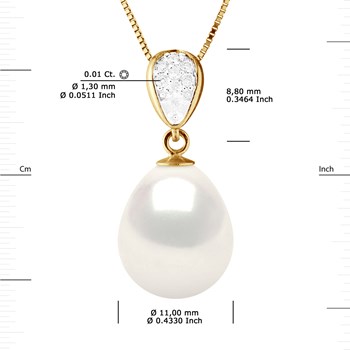 Pendentif Joaillerie Diamants 0,07 Cts - Véritable Perle de Culture d'Eau Douce - Blanc Naturel - Poire 11-12mm - Or Jaune
