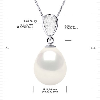 Pendentif Joaillerie Diamants 0,07 Cts - Véritable Perle de Culture d'Eau Douce - Blanc Naturel - Poire 11-12mm - Or Blanc