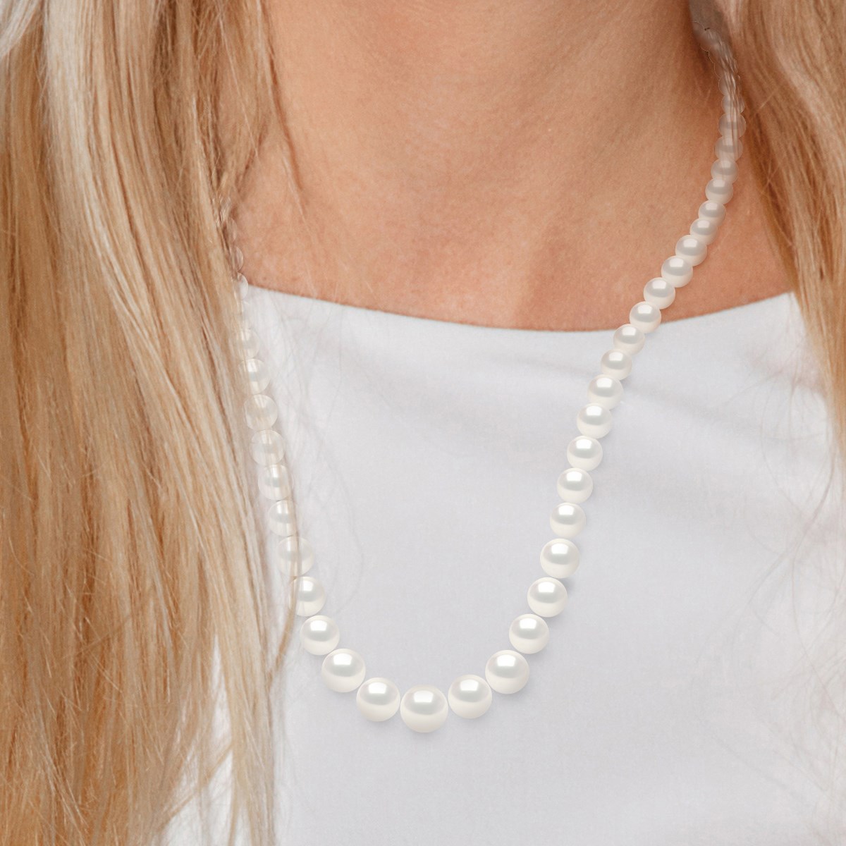Collier Rang 'Princesse' - Véritables Perles de Culture d'Eau Douce Rondes de 12 à 6 mm - Blanc Naturel - Or Blanc 750 Millièmes - vue 2