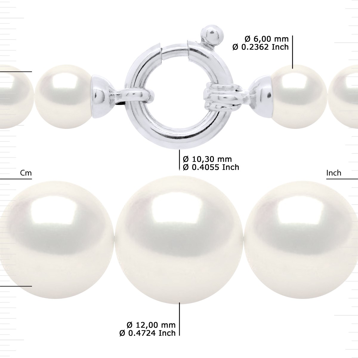Collier Rang 'Princesse' - Véritables Perles de Culture d'Eau Douce Rondes de 12 à 6 mm - Blanc Naturel - Or Blanc 750 Millièmes - vue 3