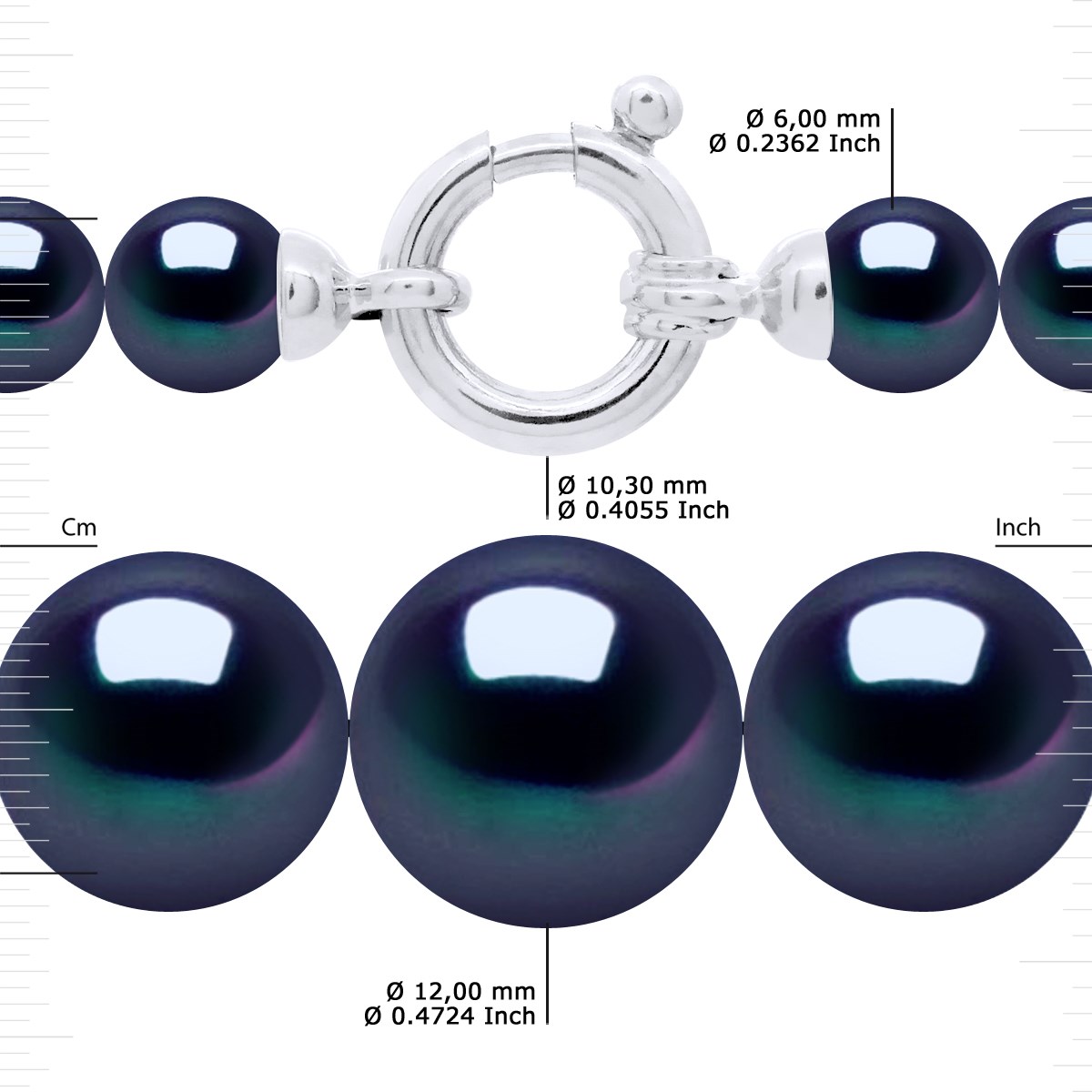 Collier Rang 'Princesse' - Véritables Perles de Culture d'Eau Douce Rondes de 12 à 6 mm - Black Tahiti - Or Blanc 750 Millièmes - vue 3