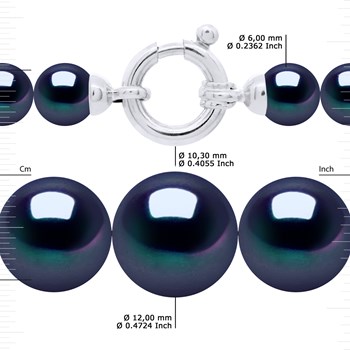 Collier Rang 'Princesse' - Véritables Perles de Culture d'Eau Douce Rondes de 12 à 6 mm - Black Tahiti - Or Blanc 750 Millièmes