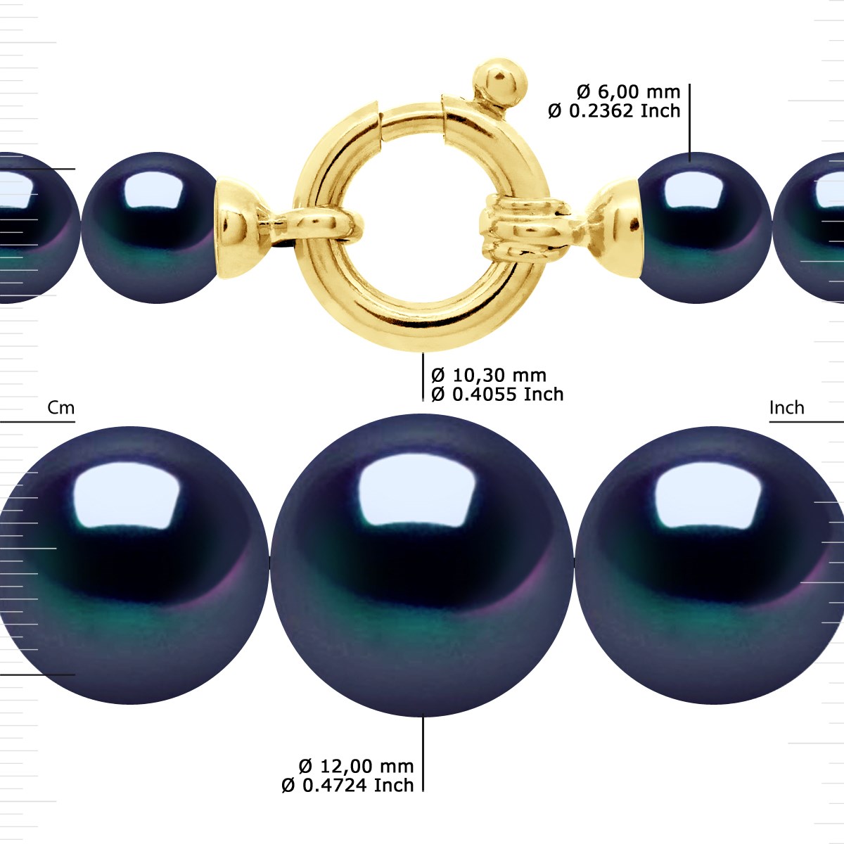Collier Rang 'Princesse' - Véritables Perles de Culture d'Eau Douce Rondes de 12 à 6 mm - Black Tahiti - Or Jaune 750 Millièmes - vue 3