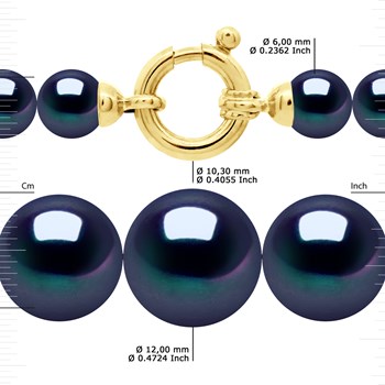 Collier Rang 'Princesse' - Véritables Perles de Culture d'Eau Douce Rondes de 12 à 6 mm - Black Tahiti - Or Jaune 750 Millièmes
