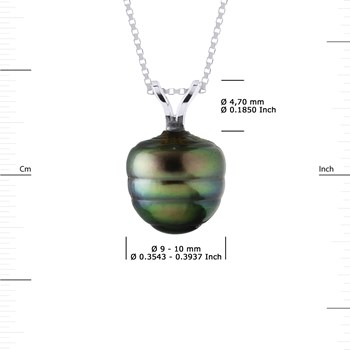 Pendentif Bélière 'V' Fil - Véritable Perle de Culture de Tahiti CERCLEE 9-10 mm - Or Blanc 750 Millièmes