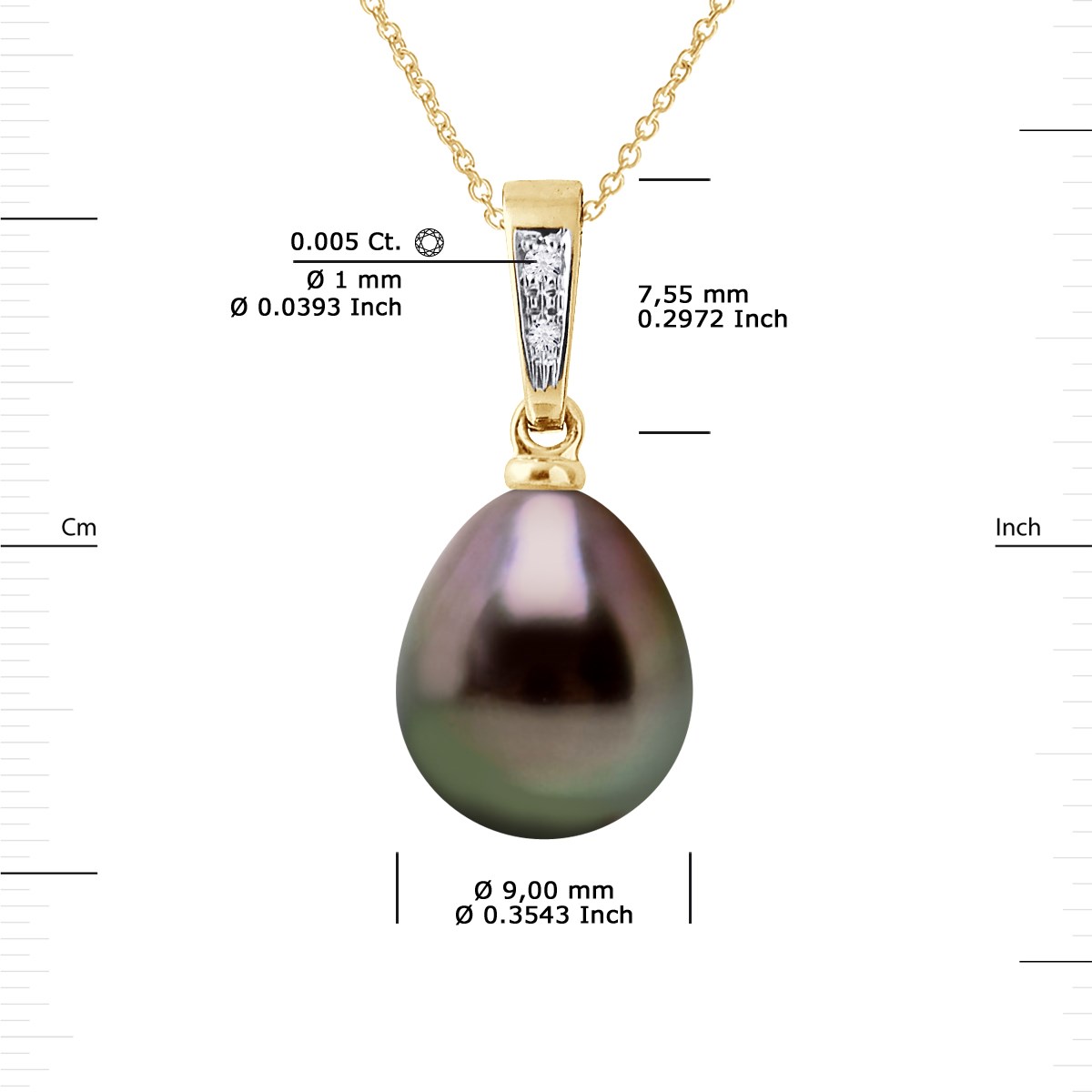 Pendentif Joaillerie Diamants 0,01 Cts - Véritable Perle de Culture de Tahiti Poire 9-10 mm - Or Jaune - vue 3