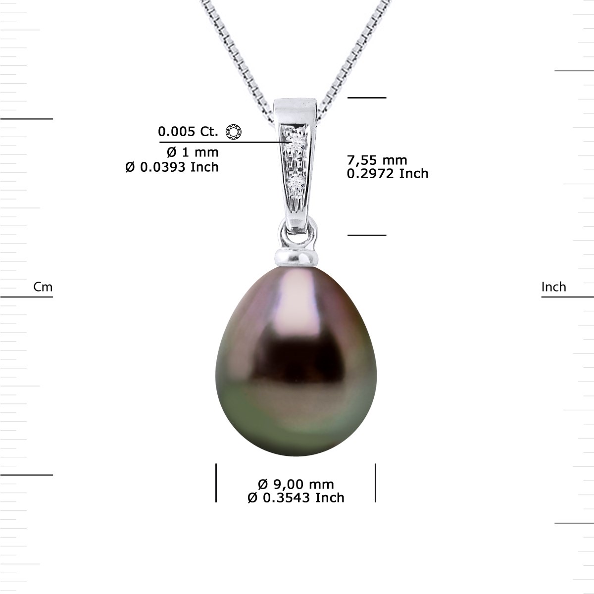 Pendentif Joaillerie Diamants 0,01 Cts - Véritable Perle de Culture de Tahiti Poire 9-10 mm - Or Blanc - vue 3