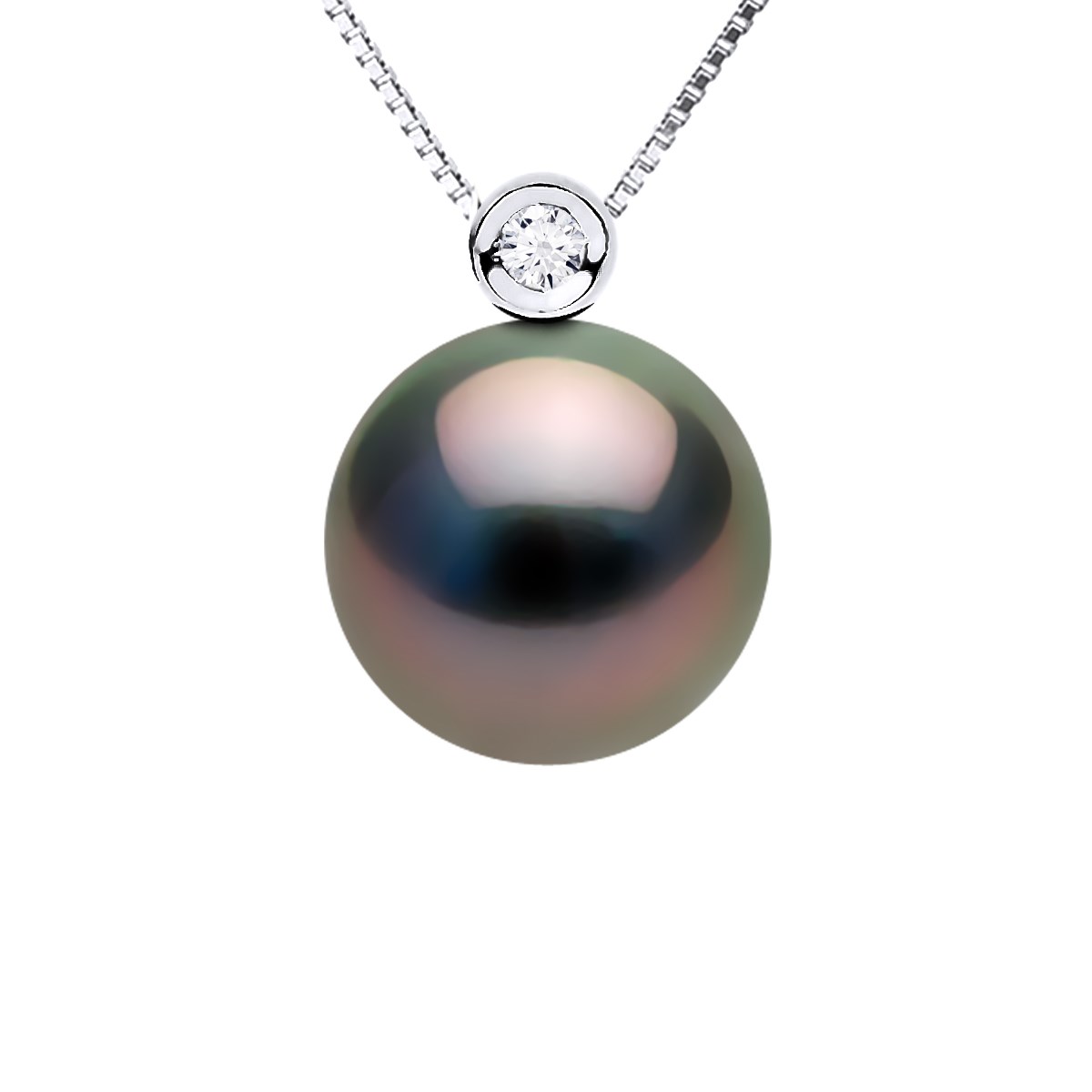 Collier JOAILLERIE PRESTIGE Diamant 0.03 Cts - Véritable Perle de Culture de Tahiti Ronde 10-11 mm - Or Blanc 750 Millièmes (18 Cts)