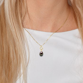 Pendentif Joaillerie - Diamant 0,01 Cts - Véritable Perle de Culture de Tahiti Poire 9-10 mm - Or Jaune