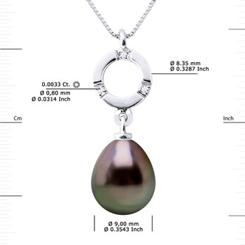 Pendentif Joaillerie - Diamant 0,01 Cts - Véritable Perle de Culture de Tahiti Poire 9-10 mm - Or Blanc
