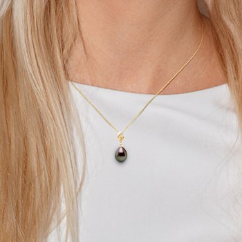 Pendentif VOLUTES - Diamant 0,12 Cts - Véritable Perle de Culture de Tahiti Poire 11-12 mm - Or Jaune