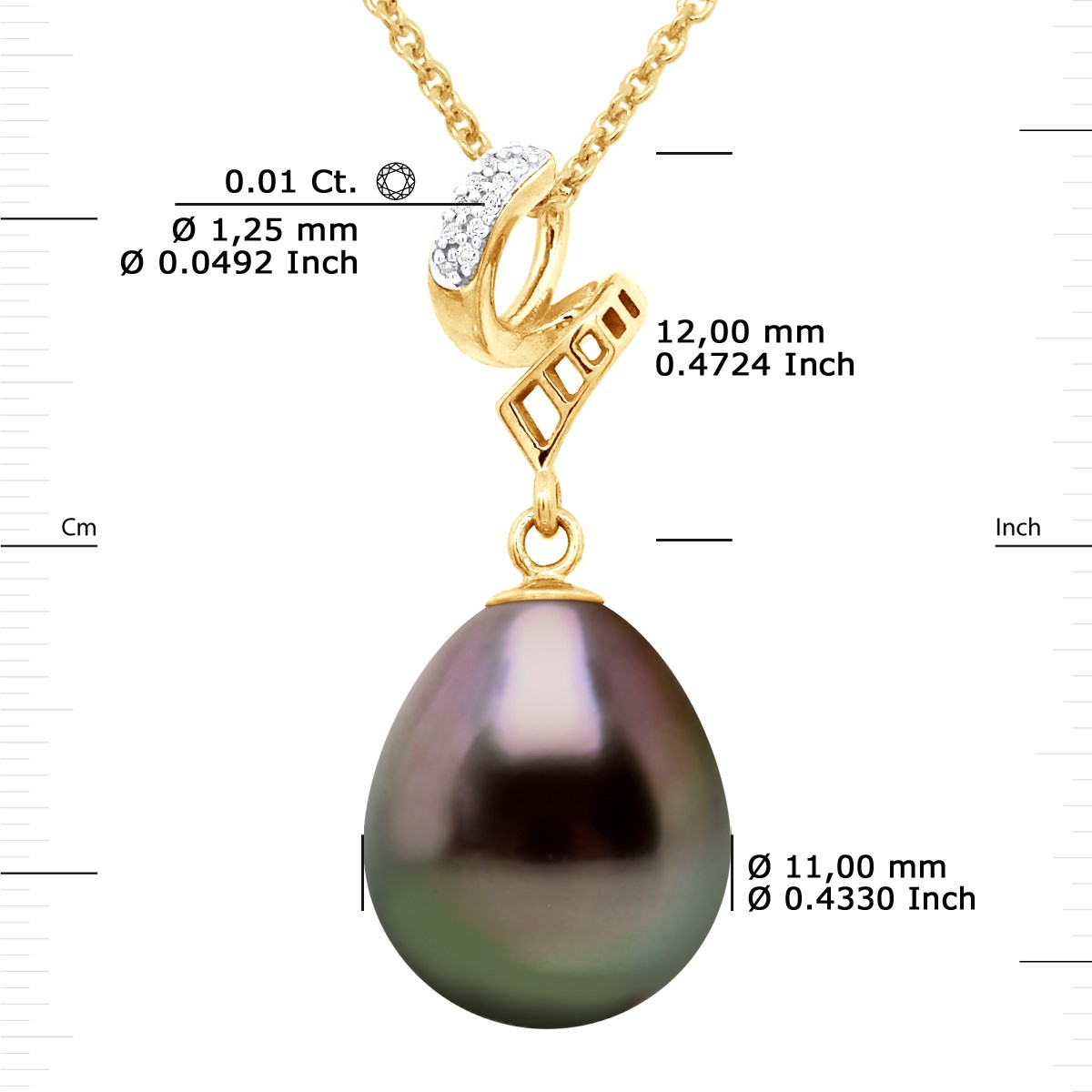 Pendentif VOLUTES - Diamant 0,12 Cts - Véritable Perle de Culture de Tahiti Poire 11-12 mm - Or Jaune - vue 3