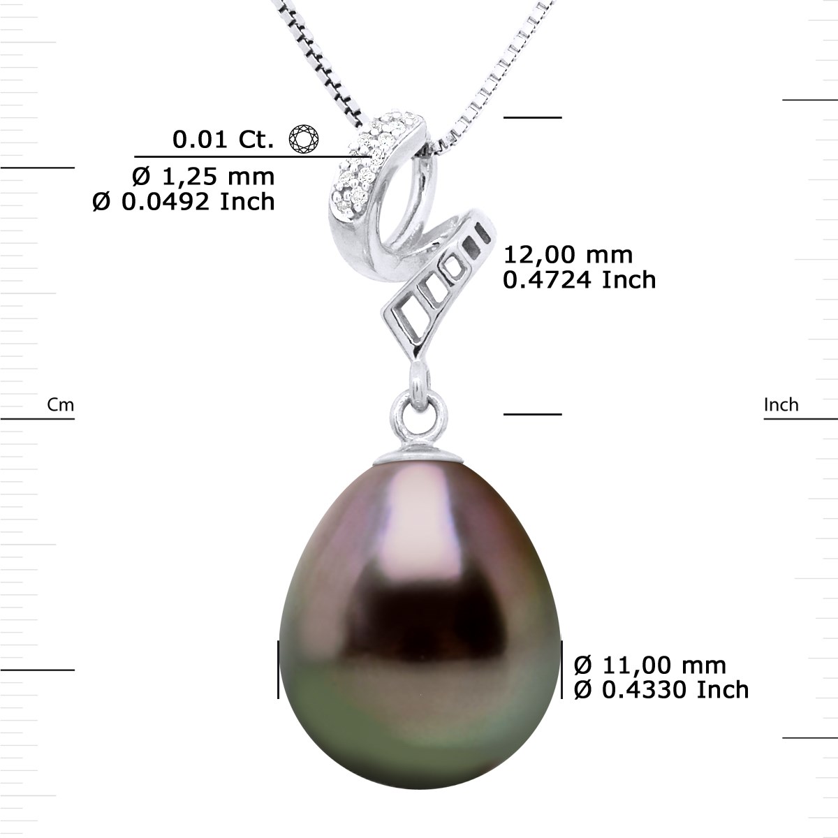 Pendentif VOLUTES - Diamant 0,12 Cts - Véritable Perle de Culture de Tahiti Poire 11-12 mm - Or Blanc - vue 3