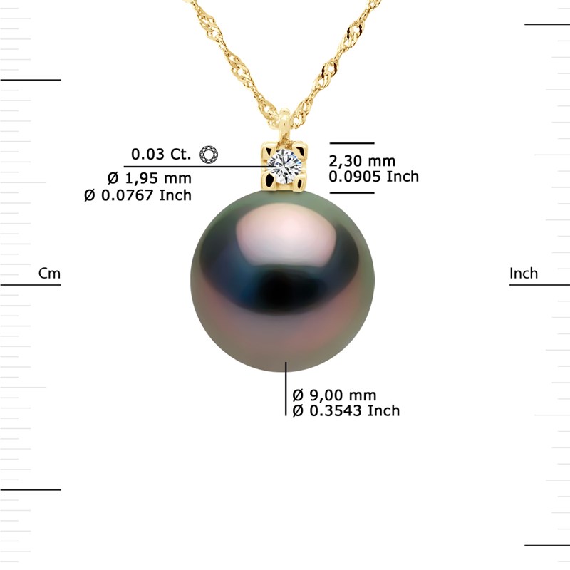 Collier Joaillerie Diamants 0,03 Cts - Véritable Perle de Culture de Tahiti Ronde 9-10 mm - Or Jaune - vue 3