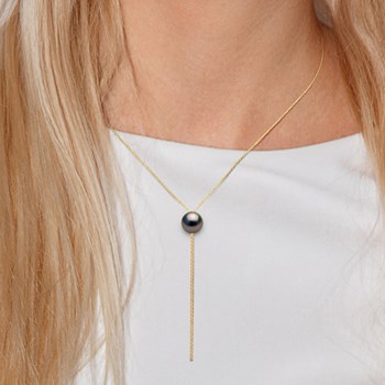 Collier 'Cravate' - Véritable Perle de Culture de Tahiti Ronde 12-13 mm - Or Jaune