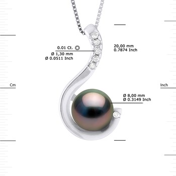 Collier Pendentif Joaillerie Diamants 0,06 Cts - Or Blanc et Véritable Perle de Culture de Tahiti Ronde 8-9 mm