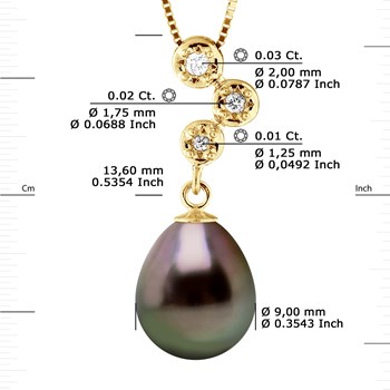 Collier Pendentif Joaillerie Diamants 0,06 Cts - Or Jaune et Véritable Perle de Culture de Tahiti Poire 9-10 mm