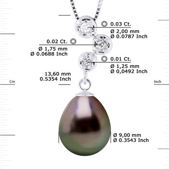 Collier Pendentif Joaillerie Diamants 0,06 Cts - Or Blanc et Véritable Perle de Culture de Tahiti Poire 9-10 mm