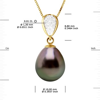 Collier Pendentif Joaillerie Diamants 0,07 Cts - Or Jaune et Véritable Perle de Culture de Tahiti Poire 10-11mm