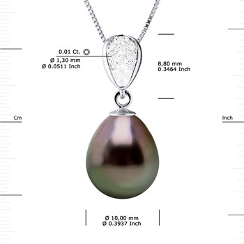 Collier Pendentif Joaillerie Diamants 0,07 Cts - Or Blanc et Véritable Perle de Culture de Tahiti Ronde 10-11mm