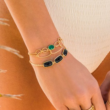 Bracelet Argent Doré Galet Pierre Noire