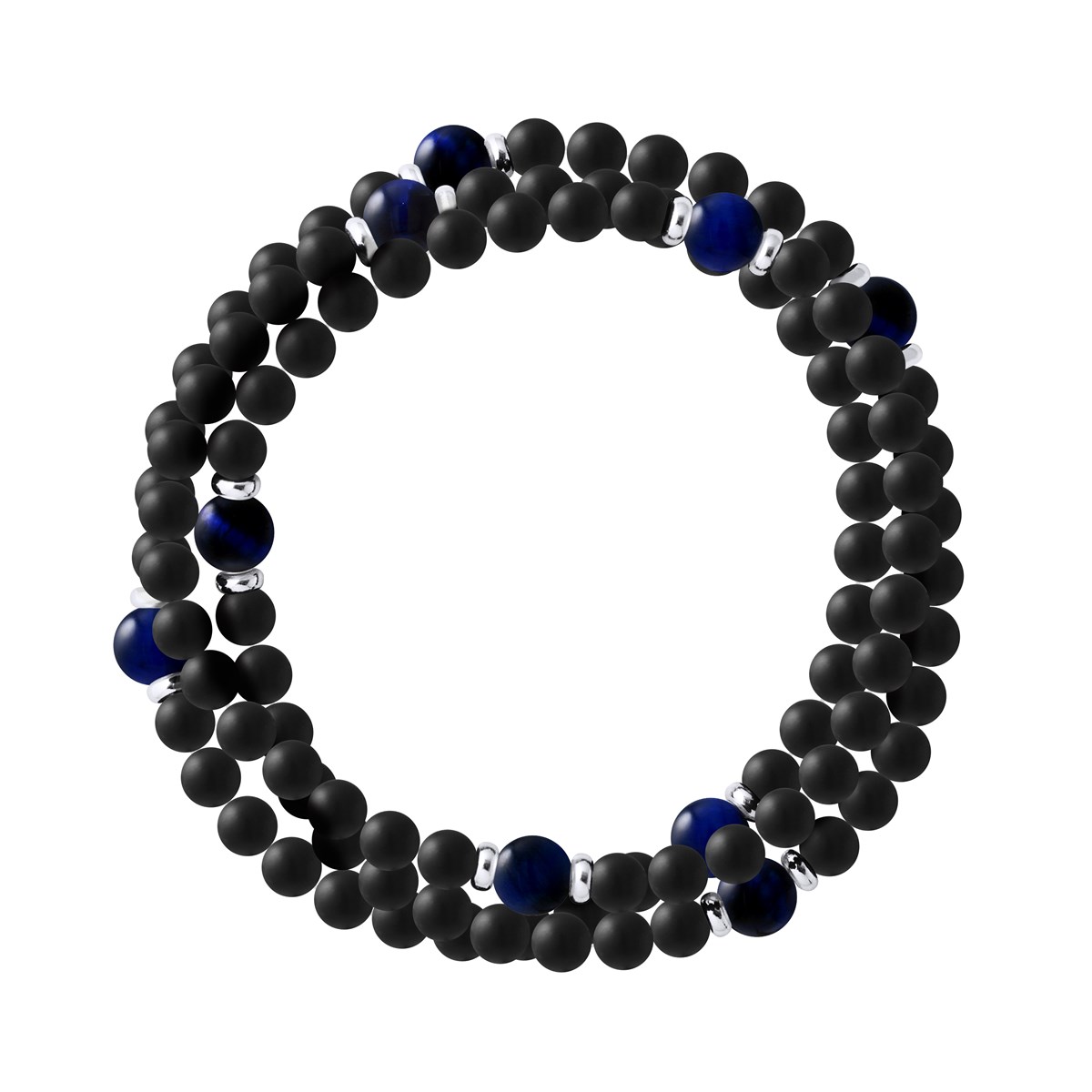 Bracelet Triple Rang SHAMAN, OEil de Faucon ( OEil de Tigre bleu), Agate Noire Matte , Argent 925