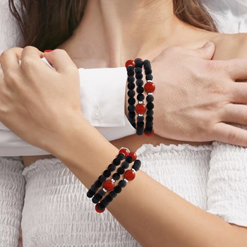 Bracelet Triple Rang SHAMAN, Cornaline Rouge , Agate Noire Matte , Argent 925