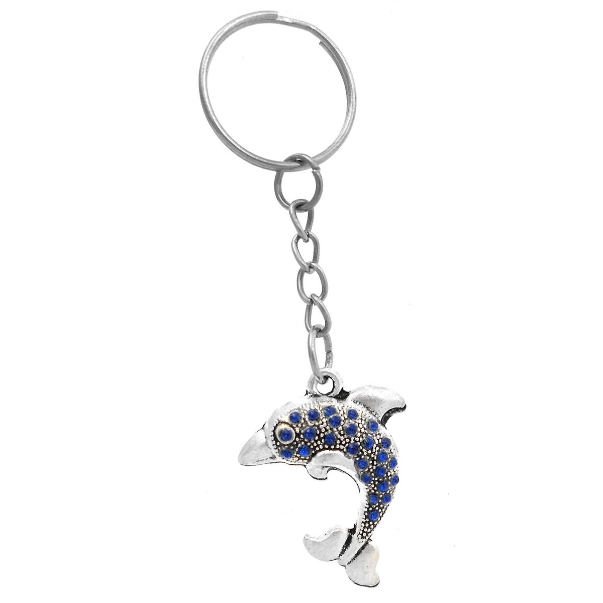 Porte-clés dauphin argenté strass bleu roi