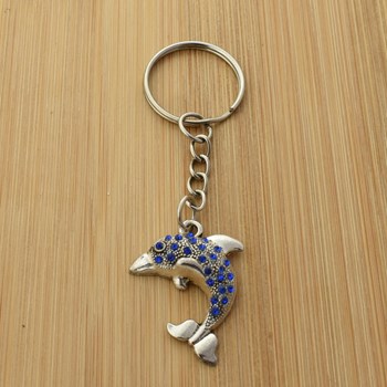 Porte-clés dauphin argenté strass bleu roi