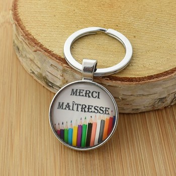 Porte-clés Merci Maîtresse crayons de couleurs argenté