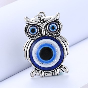 Porte-clés hibou oeil bleu argenté