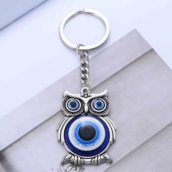 Porte-clés hibou oeil bleu argenté