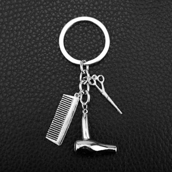 Porte-clés thème coiffure peigne, sèche-cheveux et ciseaux